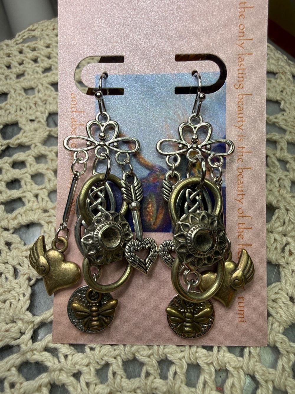 Bohemian Mixed-Metal Dangle Earrings - Floral & Heart Charms - Picture 3 of 3
